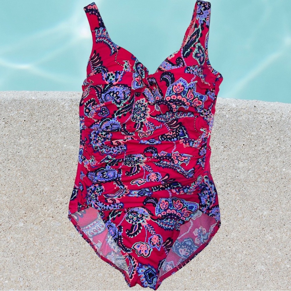 Talbots bright paisley one piece swimsuit figure friendly runching